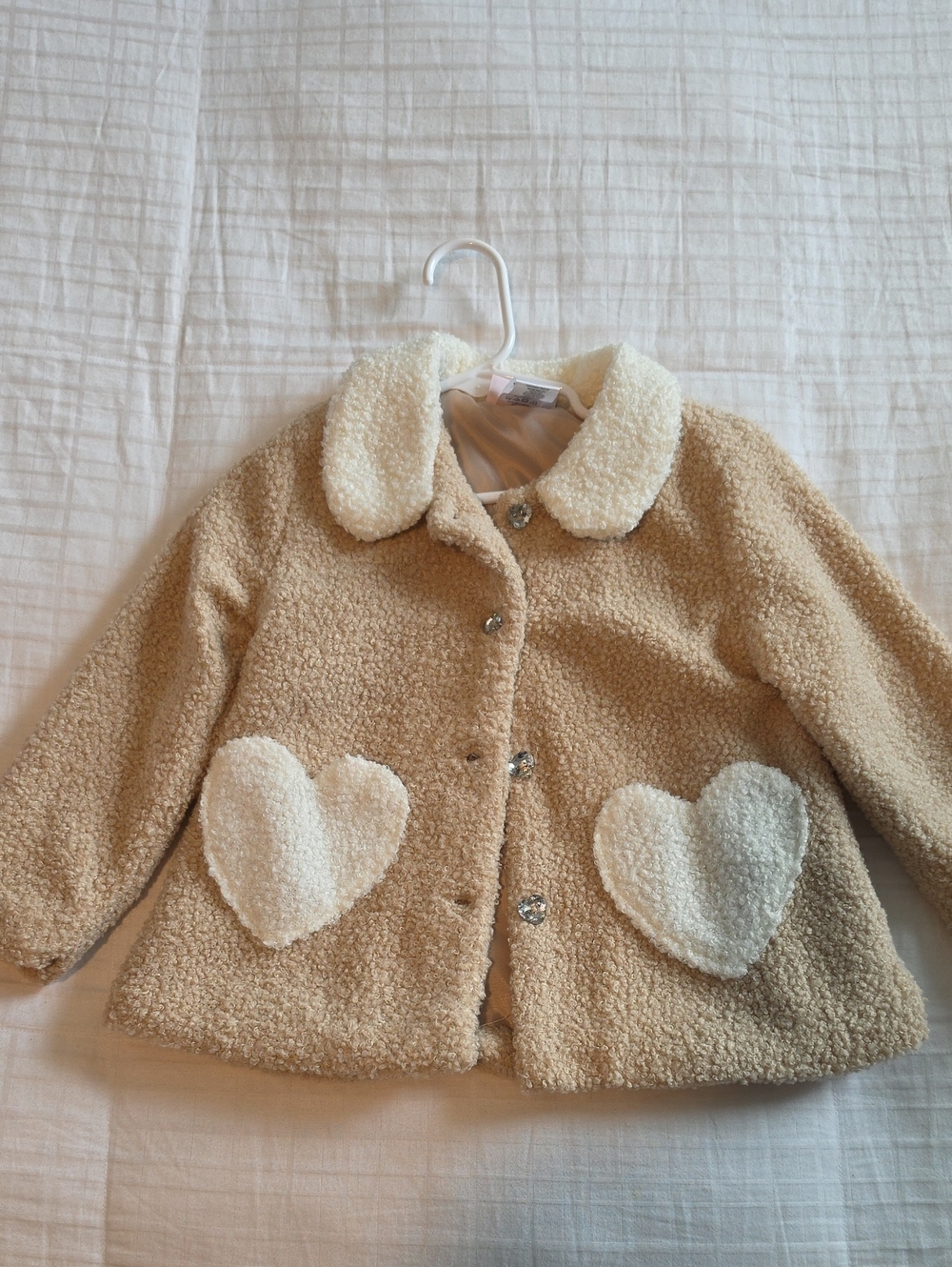 Little Lass Cream and Tan Heart Pocket Sherpa Jacket